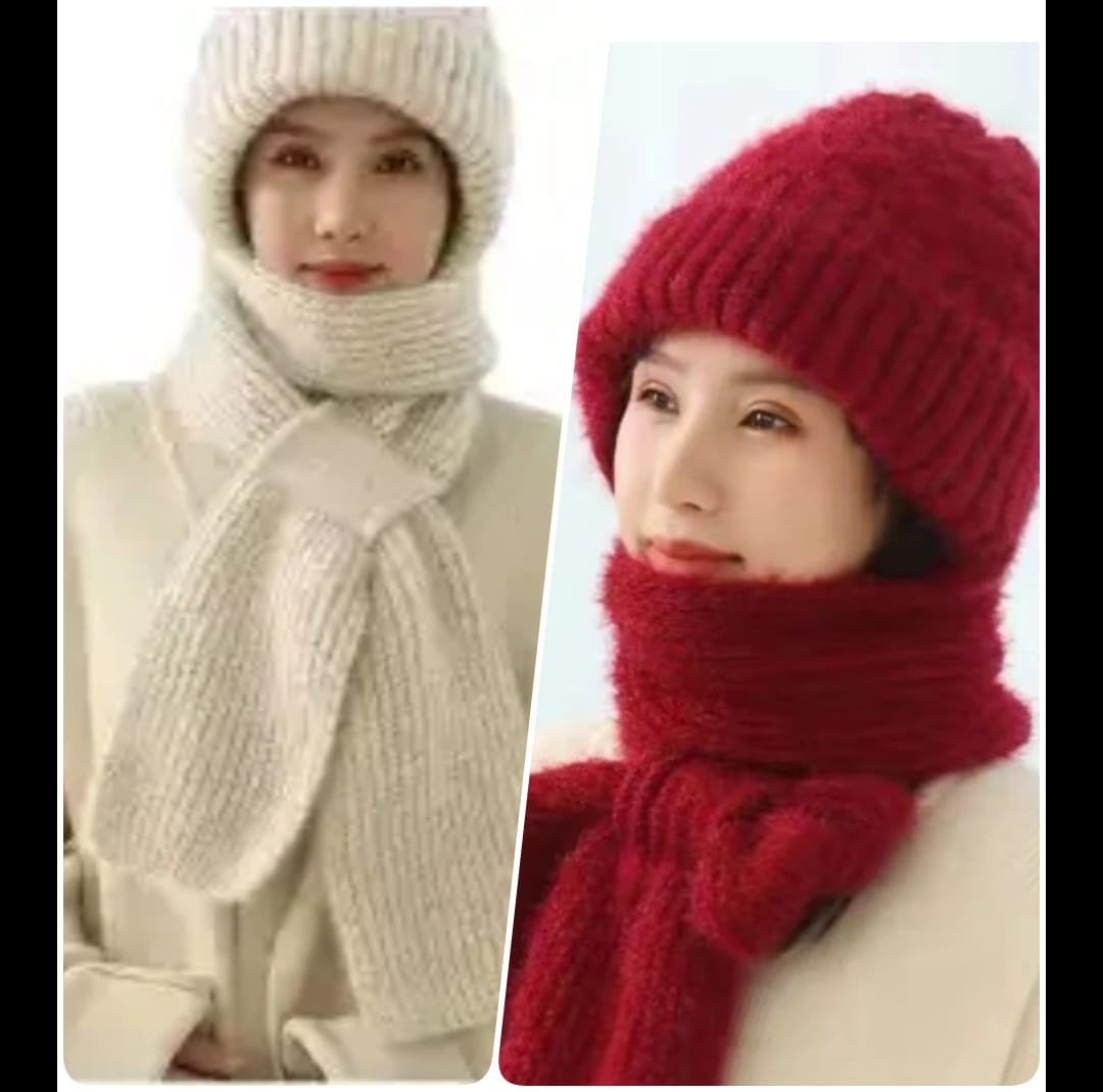 Winter Protection Windproof Cap with Scarf (off white gold colour and meroon  )  2pc  combo
